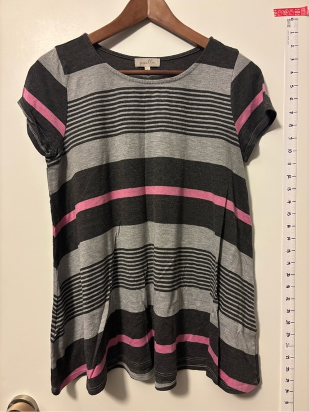 Puella Anthropologie dark and light gray with pink stripes.